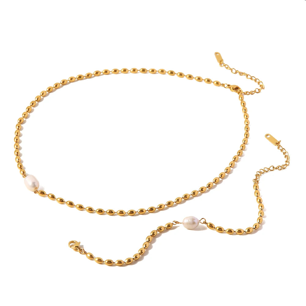 18K Gold-Plated Pearl Necklace and Bracelet