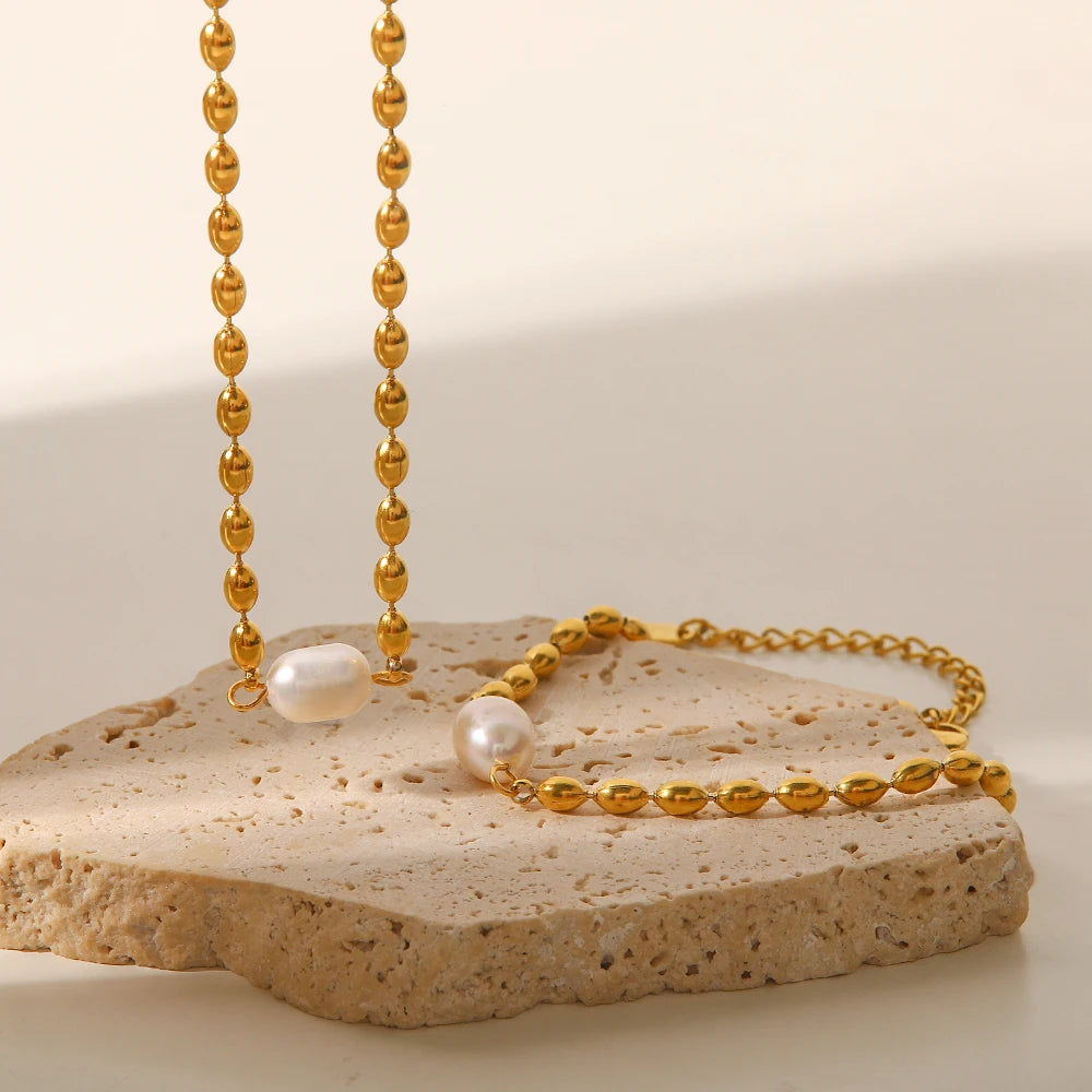 18K Gold-Plated Pearl Necklace and Bracelet