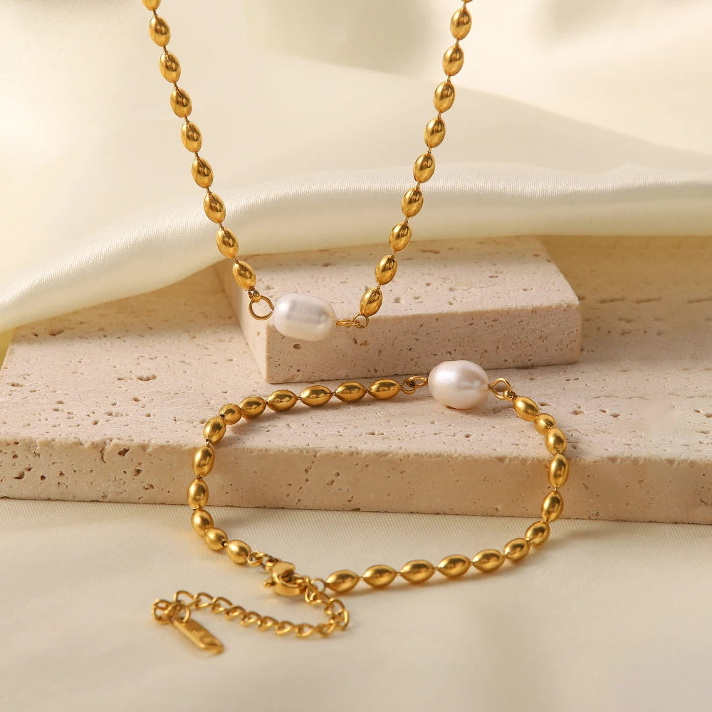 18K Gold-Plated Pearl Necklace and Bracelet